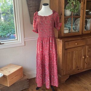 Max Studio Ruffle Collar Printed Floral Smocked Tiered Maxi Dress Size Small